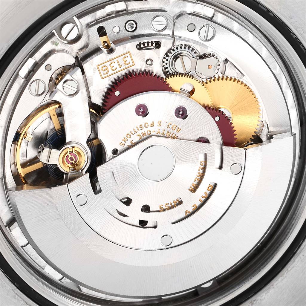 The image shows a close-up view of the inner mechanical movement of the Rolex Datejust 41 116334 Men's Stainless Steel Silver Dial 116334 Men's Stainless Steel Silver Dial watch.