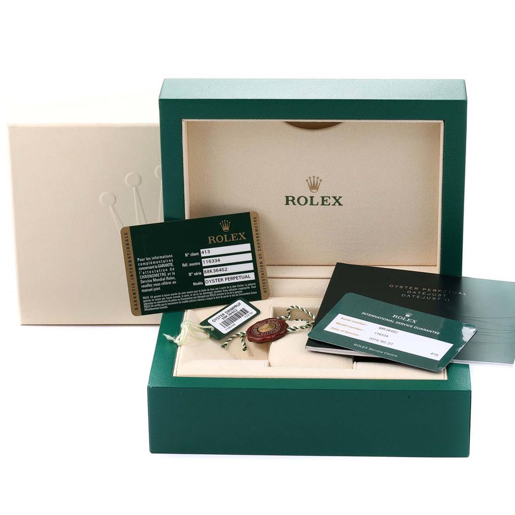 The image shows the box and accessories for the Rolex Datejust 41 116334 Men's Stainless Steel Silver Dial 116334 Men's Stainless Steel Silver Dial, including the warranty card and booklet.