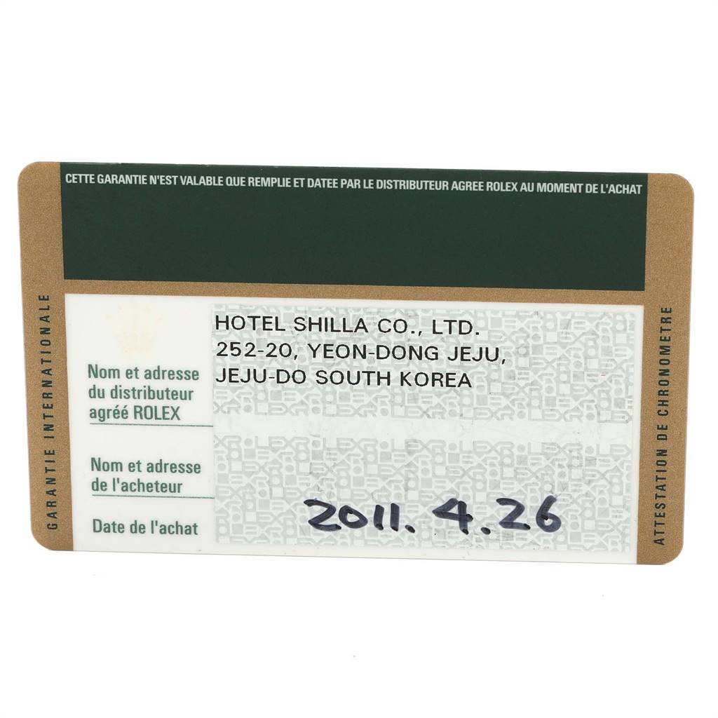 The image shows the warranty card of a Rolex Datejust 41 116334 Men's Stainless Steel Silver Dial 116334 Men's Stainless Steel Silver Dial watch.