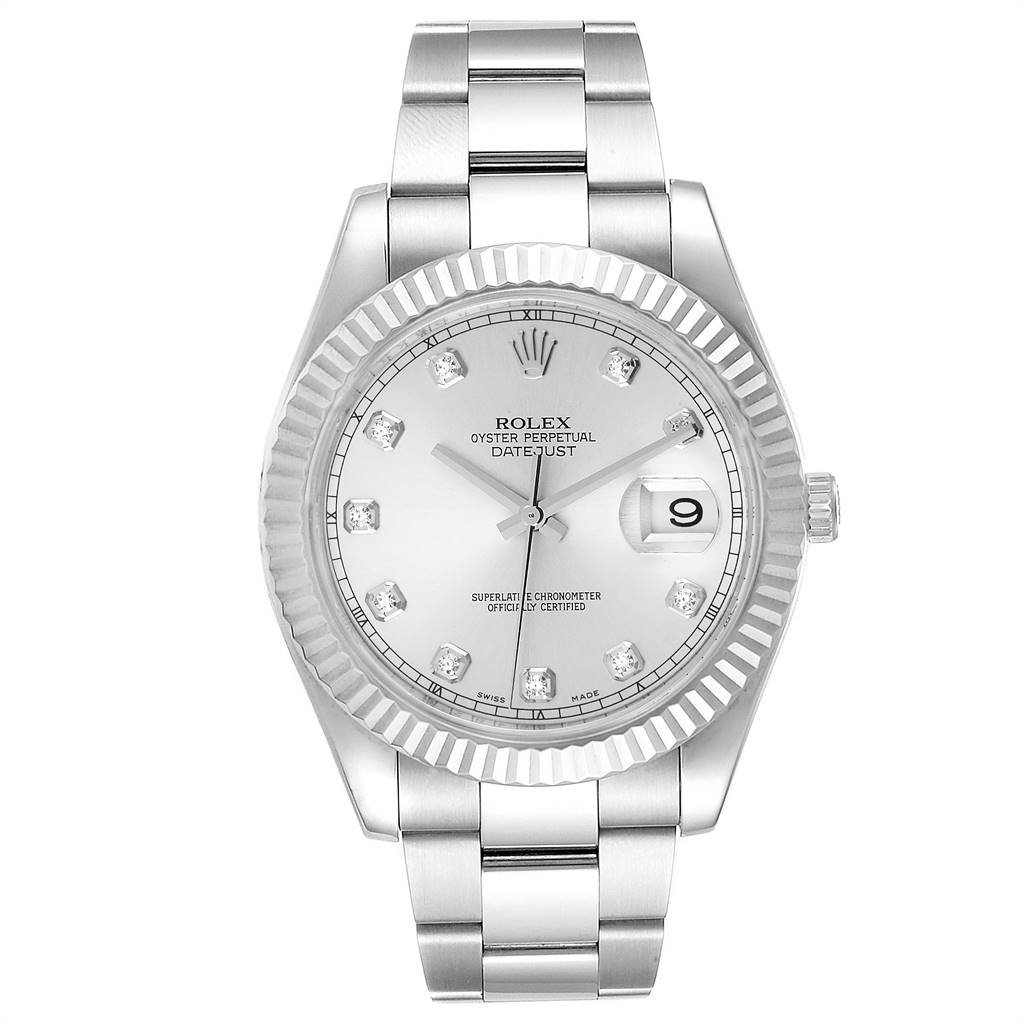 The image shows a front view of the Rolex Datejust 41 116334 Men's Stainless Steel Silver Dial 116334 Men's Stainless Steel Silver Dial watch, highlighting its dial, hour markers, bezel, and bracelet.