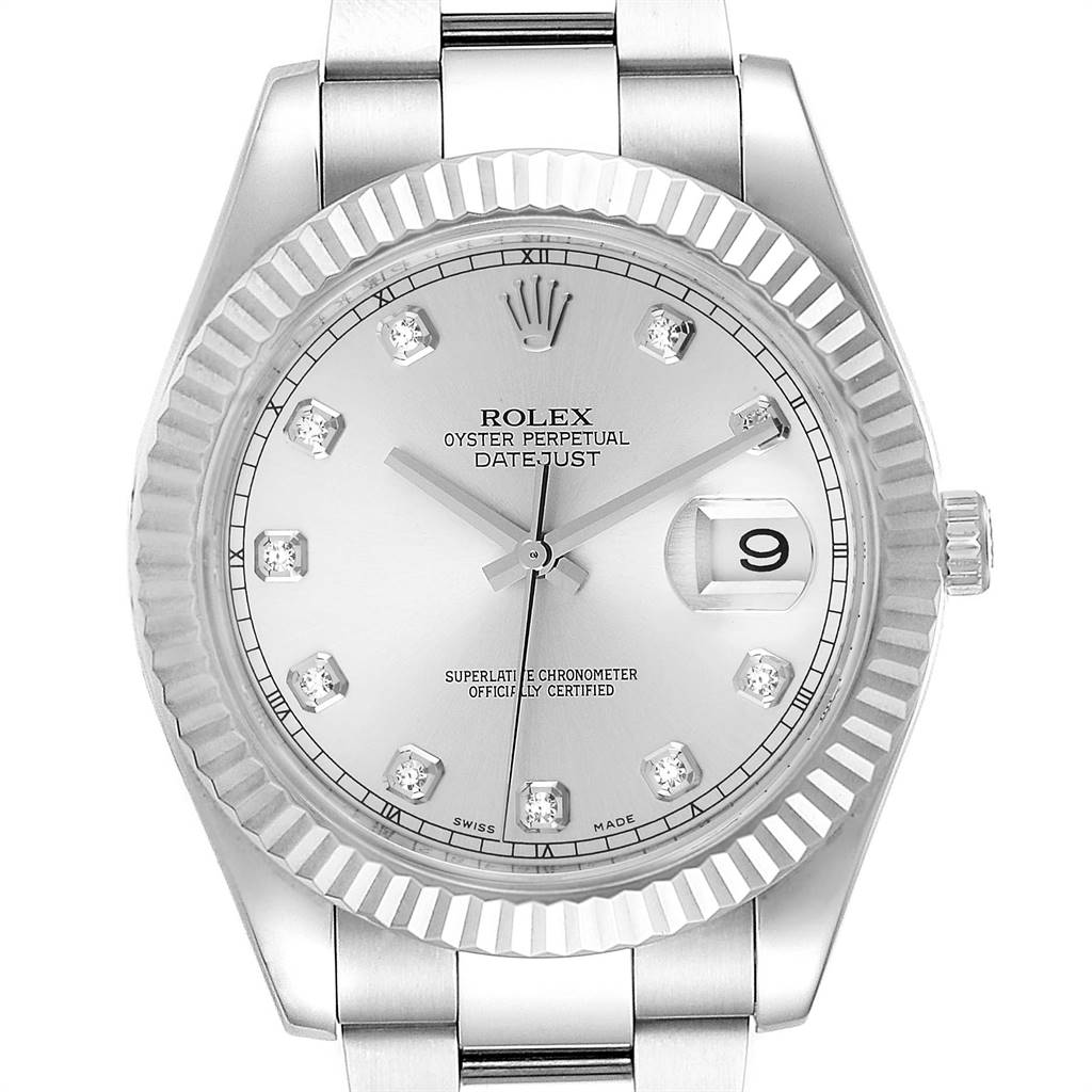 The image shows a frontal view of the Rolex Datejust 41 116334 Men's Stainless Steel Silver Dial 116334 Men's Stainless Steel Silver Dial watch, featuring the face, fluted bezel, and bracelet.