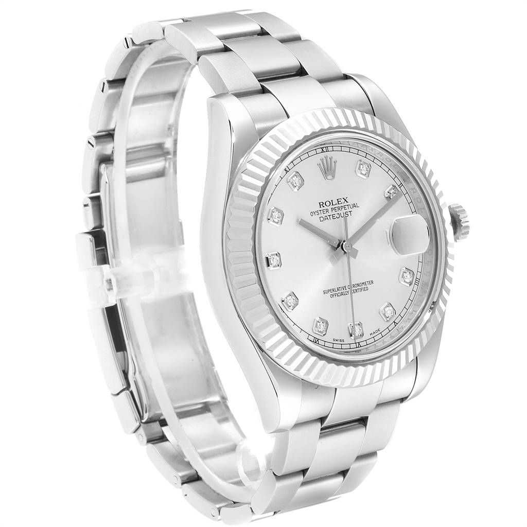 The image shows a Rolex Datejust 41 116334 Men's Stainless Steel Silver Dial 116334 Men's Stainless Steel Silver Dial watch at a three-quarter angle, highlighting the bracelet, dial, and fluted bezel.