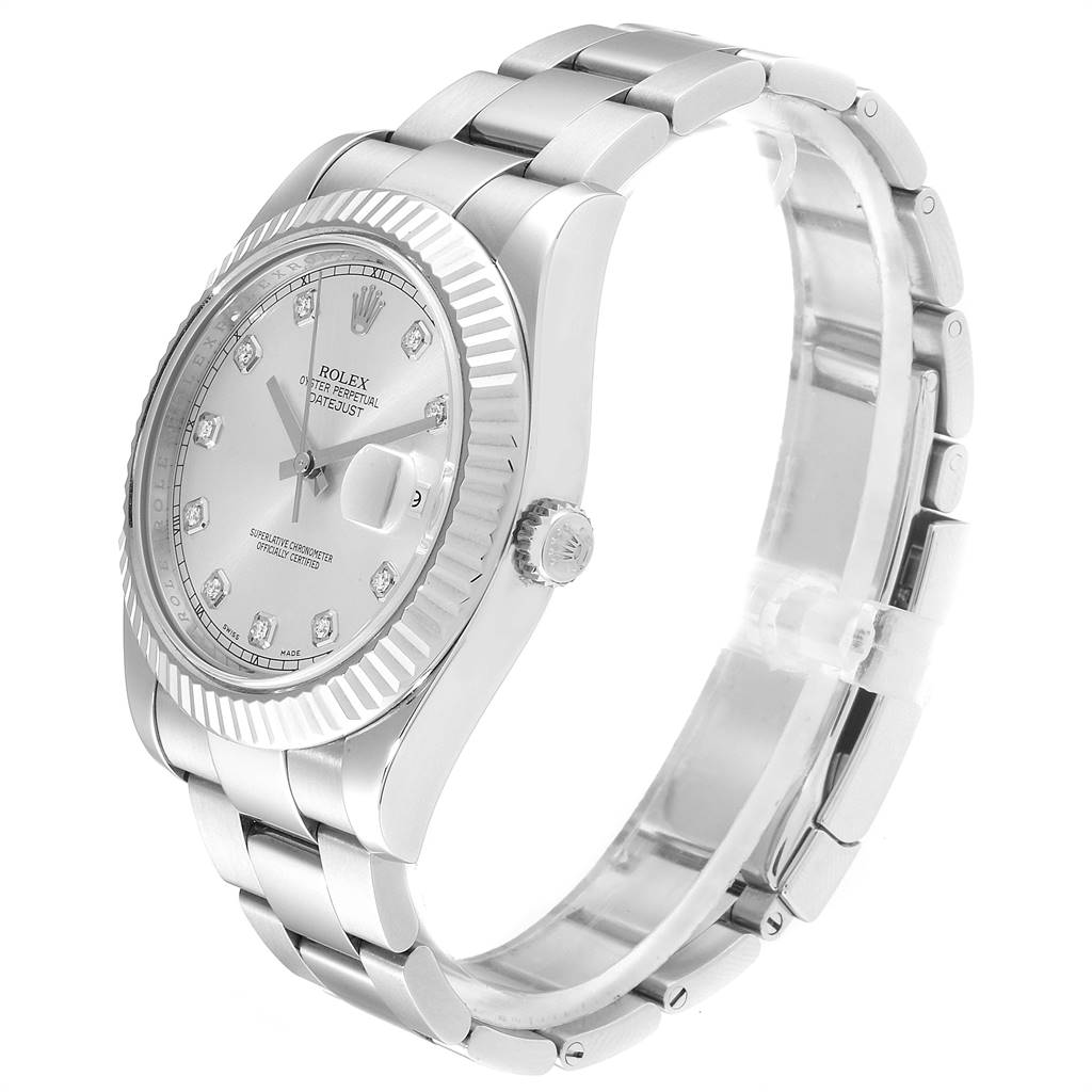 The image shows the Rolex Datejust 41 116334 Men's Stainless Steel Silver Dial 116334 Men's Stainless Steel Silver Dial model from a 3/4 angle, highlighting its bracelet, bezel, dial, and crown.