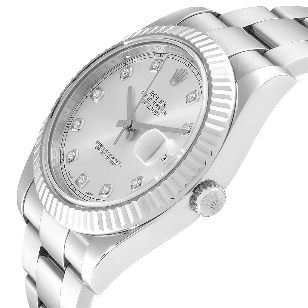 This image shows a side angle of the Rolex Datejust 41 116334 Men's Stainless Steel Silver Dial 116334 Men's Stainless Steel Silver Dial model, highlighting its crown, bezel, and part of the bracelet.
