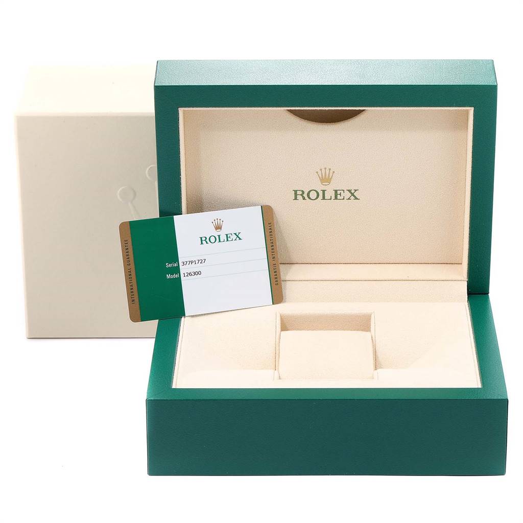 The image shows an open Rolex Datejust 41 126300 Men's Stainless Steel Black Dial 126300 Men's Stainless Steel Black Dial box with a warranty card, viewed from the front.
