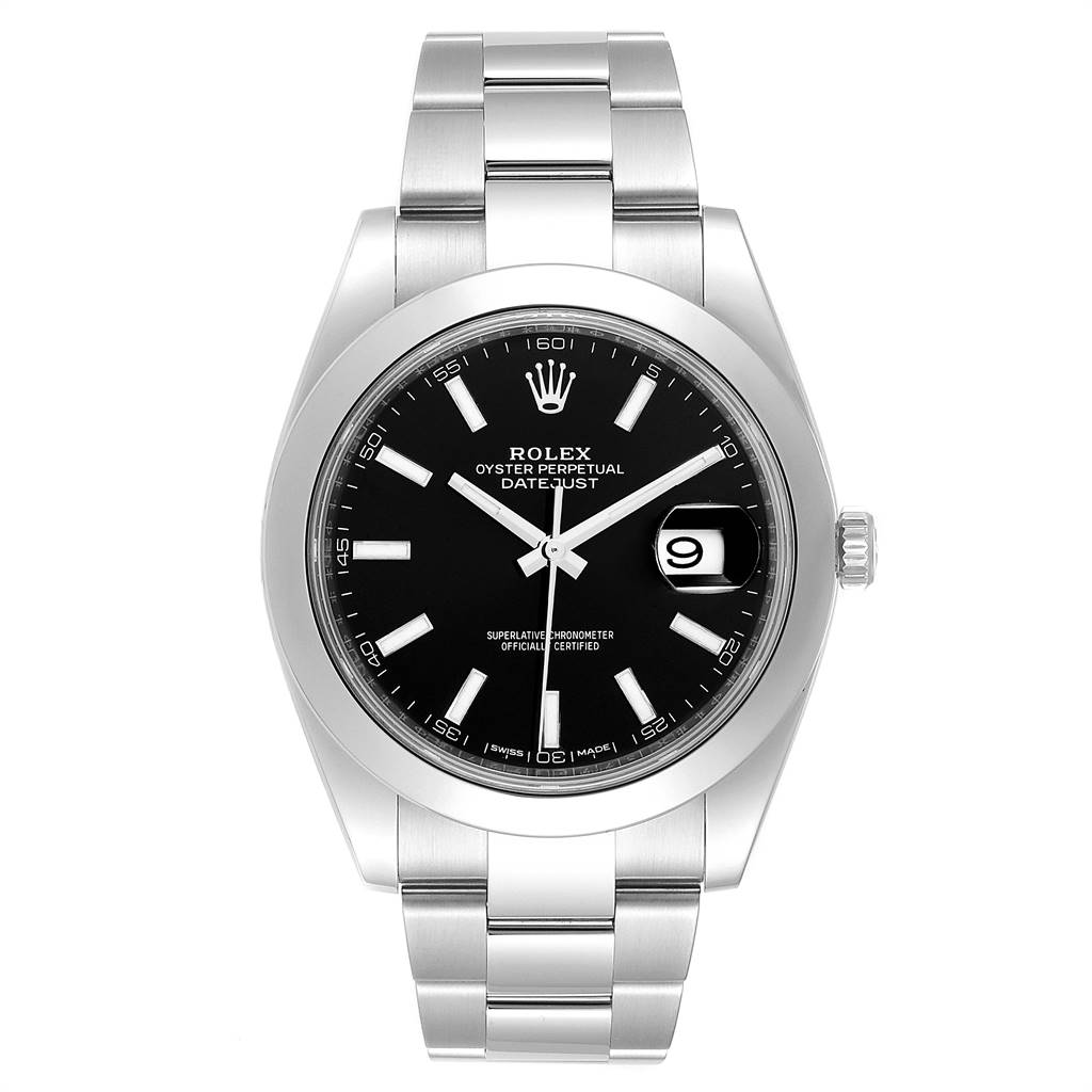 The image shows a front view of a Rolex Datejust 41 126300 Men's Stainless Steel Black Dial 126300 Men's Stainless Steel Black Dial watch, highlighting its face, bezel, crown, and bracelet.