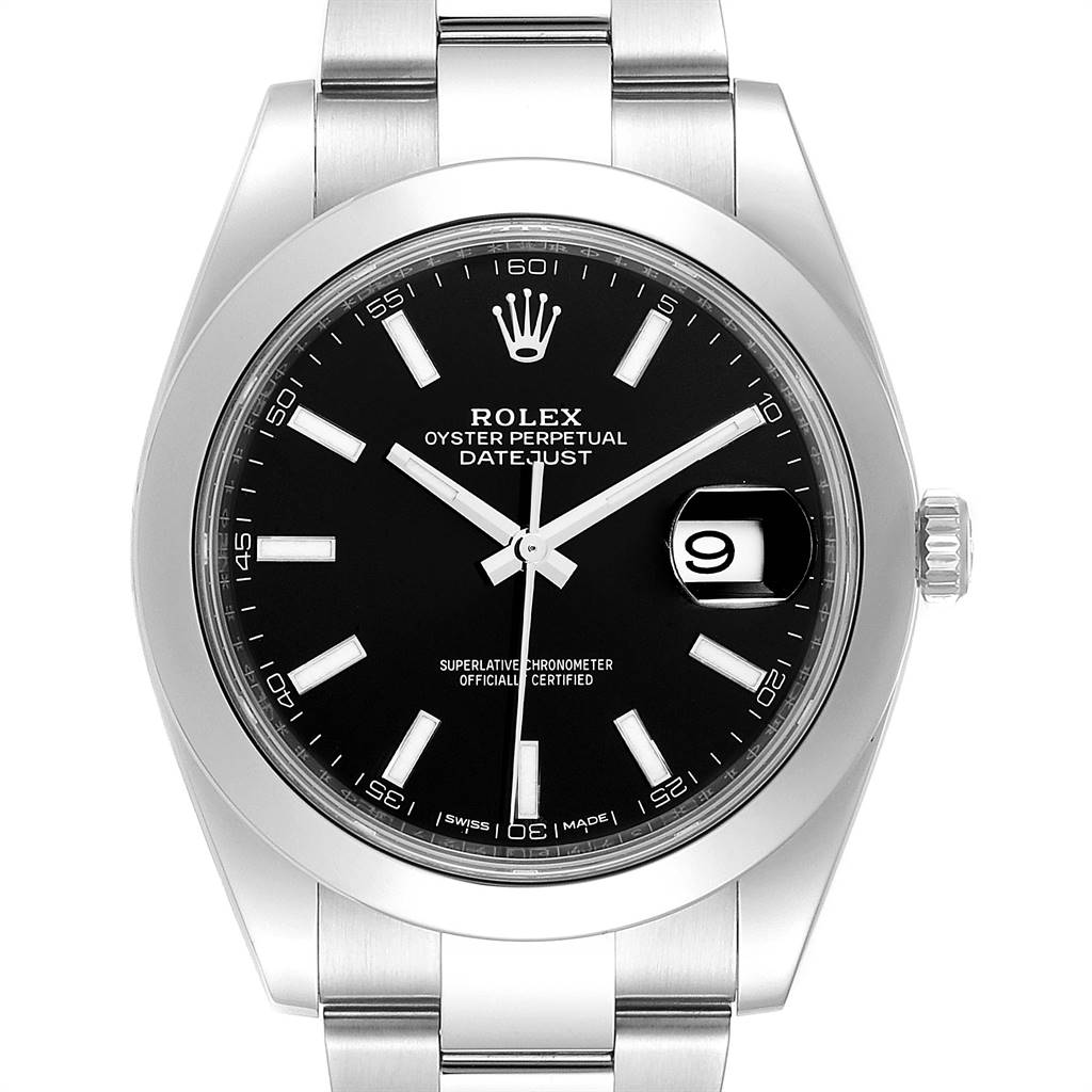 The Rolex Datejust 41 126300 Men's Stainless Steel Black Dial 126300 Men's Stainless Steel Black Dial watch is shown from a front angle, displaying the dial, bezel, hour markers, date window, and bracelet.