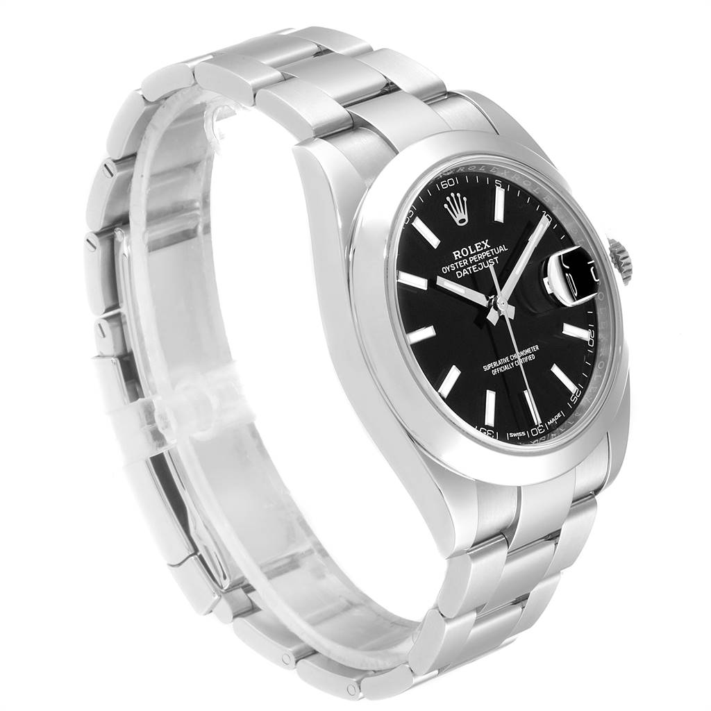 The Rolex Datejust 41 126300 Men's Stainless Steel Black Dial 126300 Men's Stainless Steel Black Dial watch is shown from a front-side angle, displaying the bezel, dial, bracelet, and a partial view of the clasp.