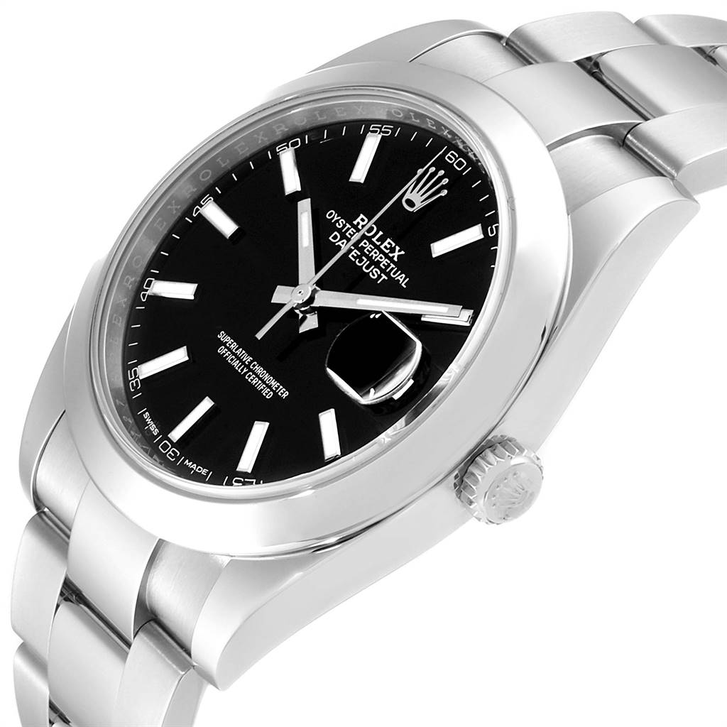 This image shows the side angle of a Rolex Datejust 41 126300 Men's Stainless Steel Black Dial 126300 Men's Stainless Steel Black Dial, highlighting the black dial, oyster bracelet, and crown.