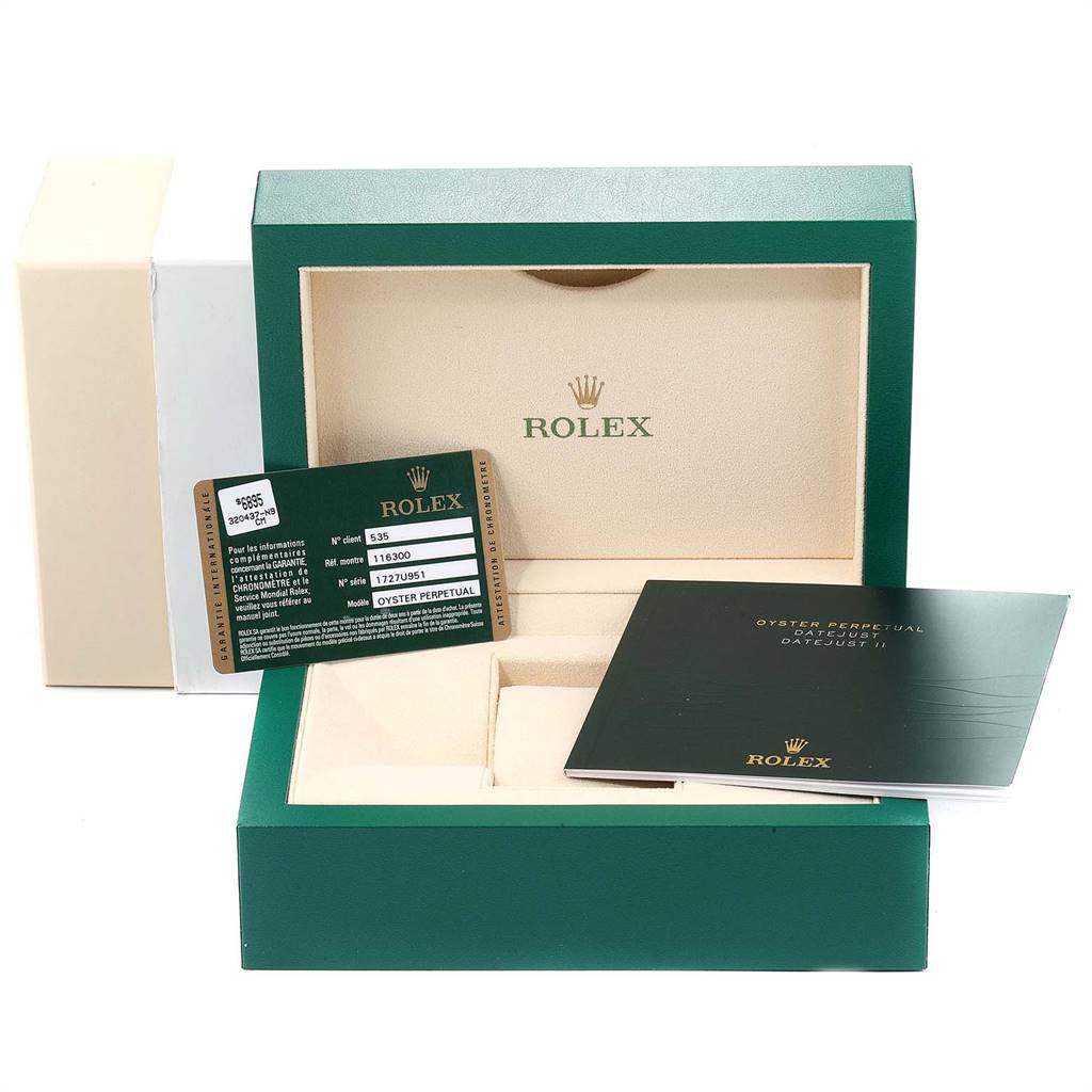 The image shows the packaging, warranty card, and manual for the Rolex Datejust 41 116300 Men's Stainless Steel Blue Dial 116300 Men's Stainless Steel Blue Dial watch.