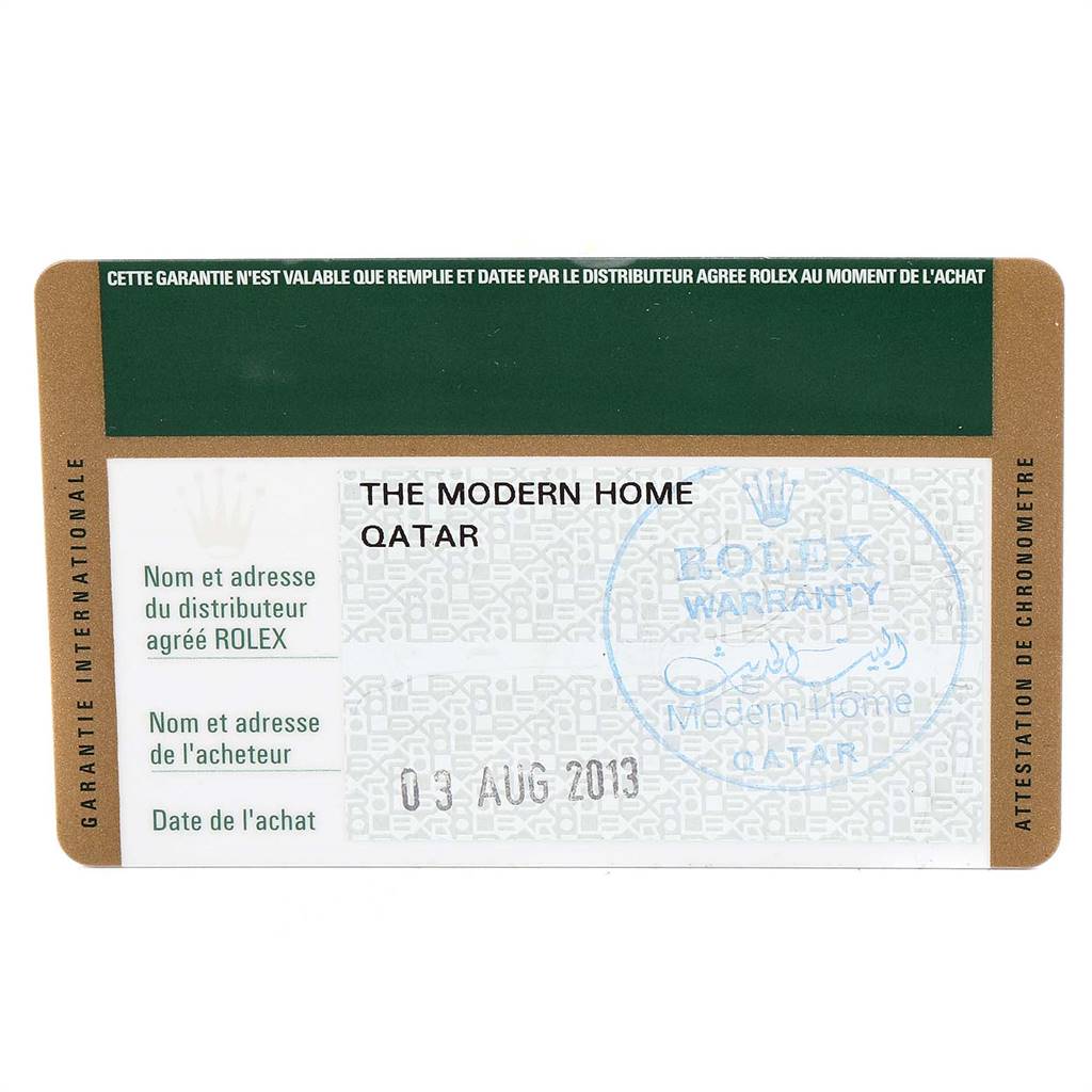 This image shows the warranty card for a Rolex Datejust 41 116300 Men's Stainless Steel Blue Dial 116300 Men's Stainless Steel Blue Dial watch.