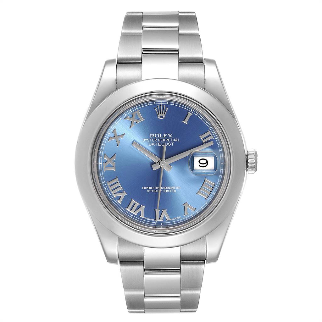 This image shows a front view of the Rolex Datejust 41 116300 Men's Stainless Steel Blue Dial 116300 Men's Stainless Steel Blue Dial watch, detailing its blue dial, Roman numerals, and stainless steel bracelet.