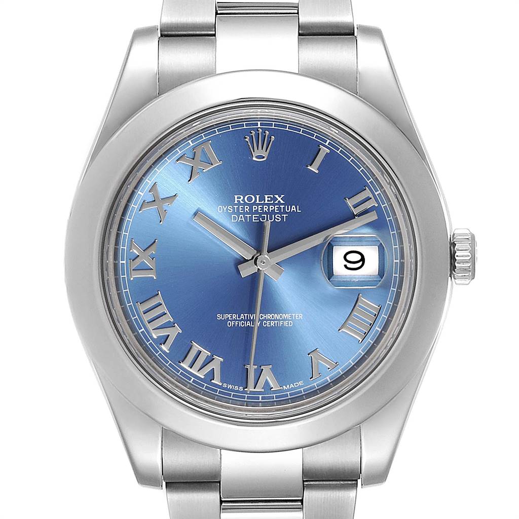 This is a front view of a Rolex Datejust 41 116300 Men's Stainless Steel Blue Dial 116300 Men's Stainless Steel Blue Dial watch, showing the dial, hands, date, and part of the bracelet.