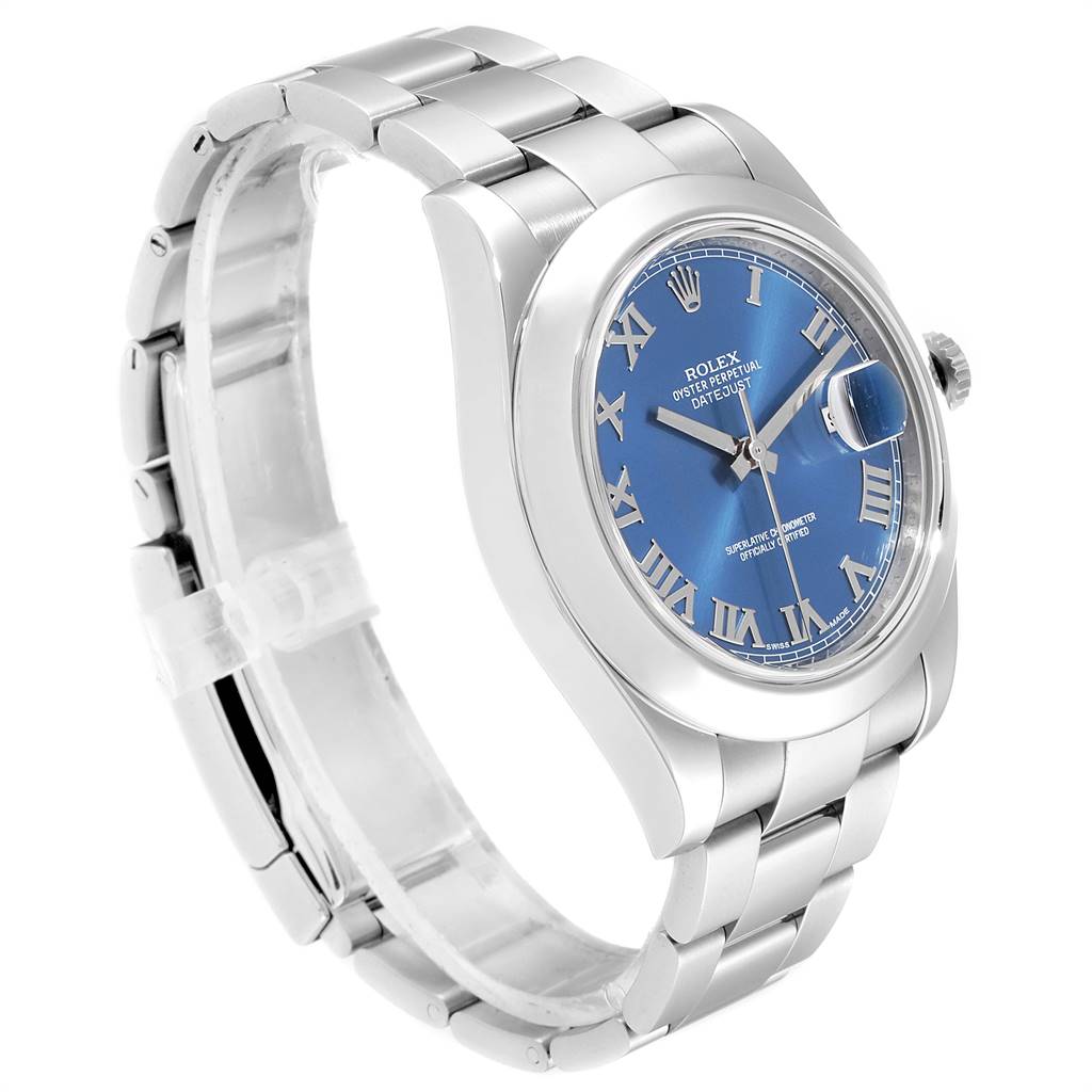 The image shows a Rolex Datejust 41 116300 Men's Stainless Steel Blue Dial 116300 Men's Stainless Steel Blue Dial watch at a 3/4 angle, highlighting its blue dial, Roman numeral markers, and stainless steel bracelet.