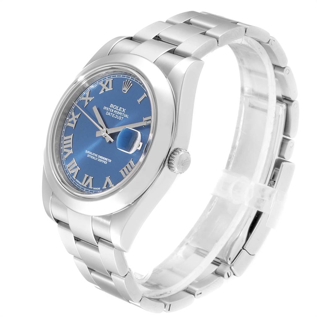 The image shows a Rolex Datejust 41 116300 Men's Stainless Steel Blue Dial 116300 Men's Stainless Steel Blue Dial watch from an angled side view, showcasing the dial, bezel, crown, and bracelet.