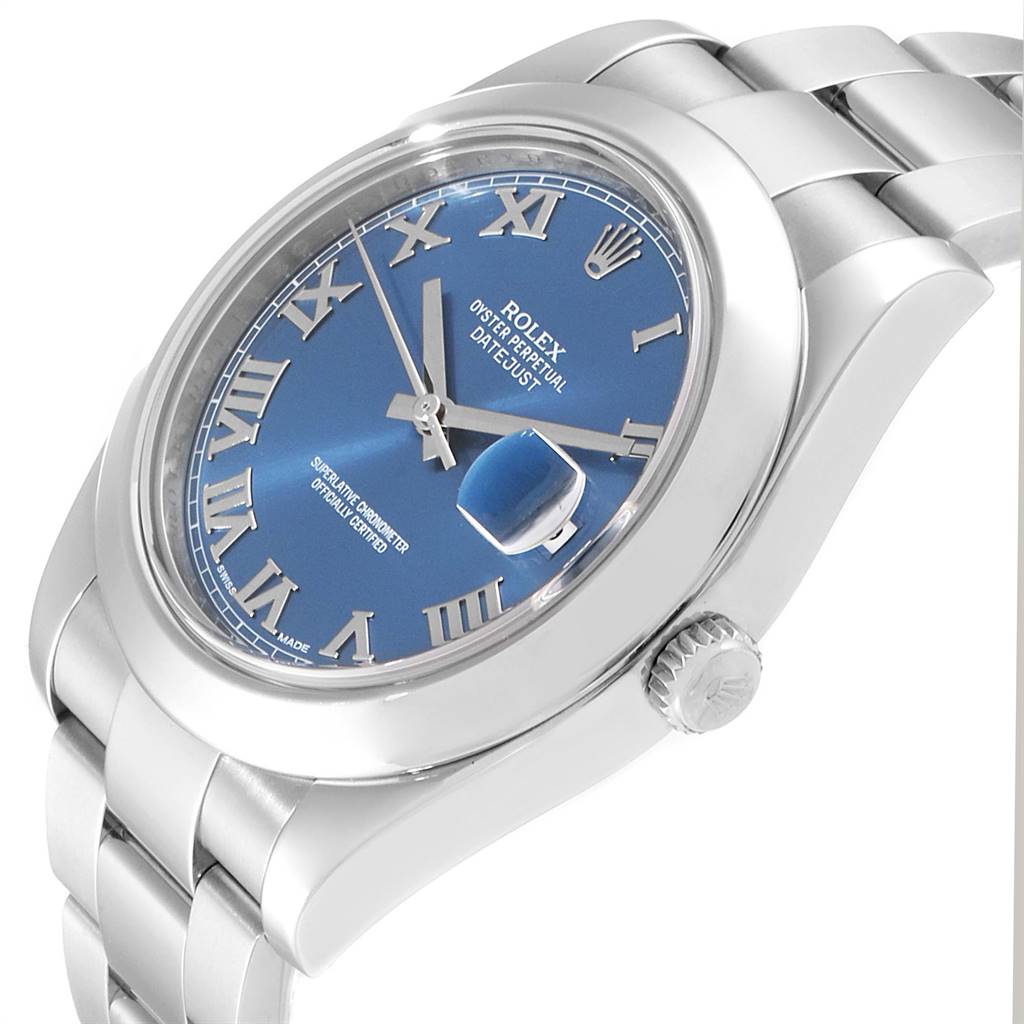 The image shows the front and right side of the Rolex Datejust 41 116300 Men's Stainless Steel Blue Dial 116300 Men's Stainless Steel Blue Dial, highlighting its blue dial, Roman numerals, and part of the bracelet.