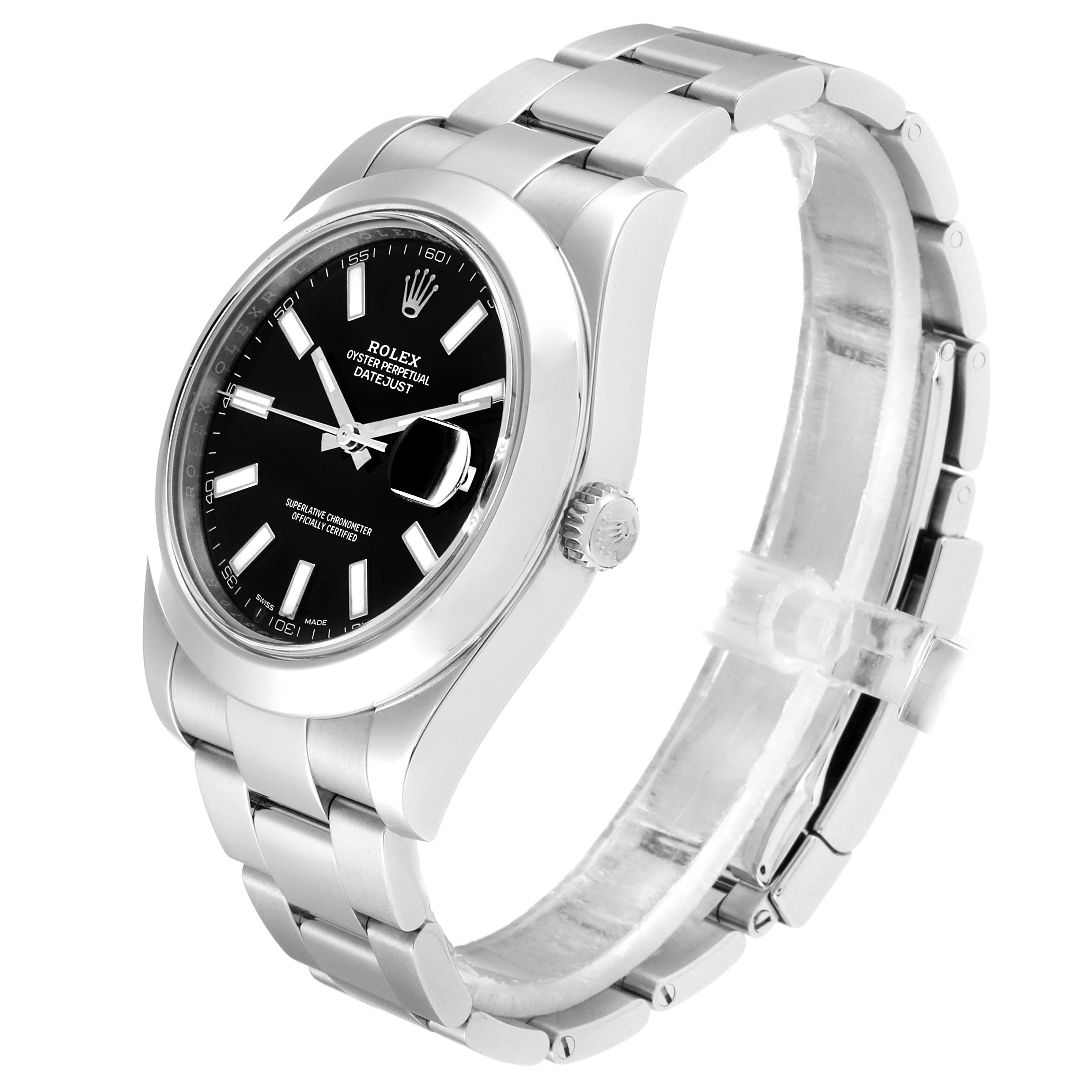 The Rolex Datejust 41 116300 Men's Stainless Steel Black Dial 116300 Men's Stainless Steel Black Dial watch is shown at a slight angle, displaying its face, bezel, crown, and part of the bracelet.