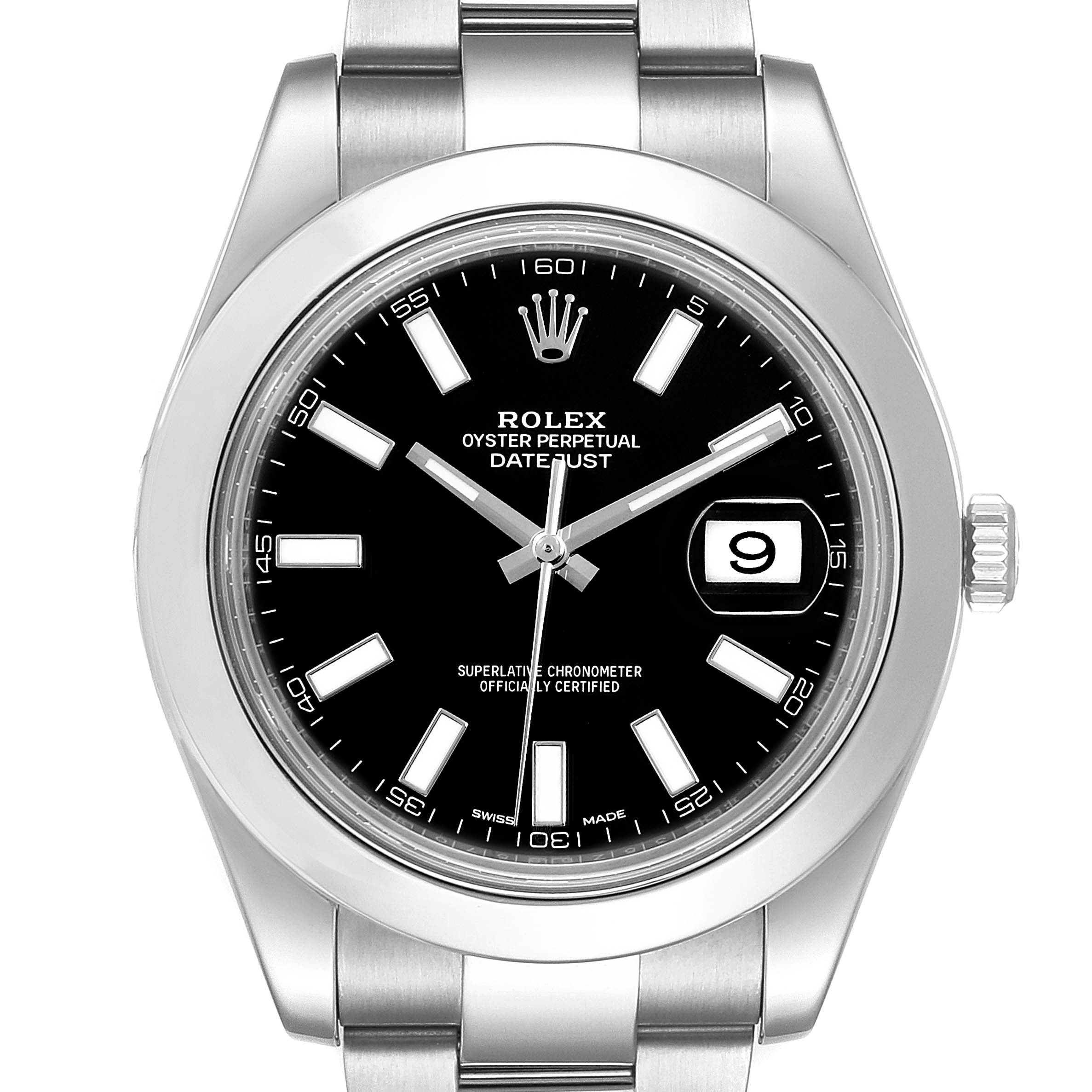 This image shows a front view of a Rolex Datejust 41 116300 Men's Stainless Steel Black Dial 116300 Men's Stainless Steel Black Dial watch, highlighting its black dial, date window, and stainless steel bracelet.