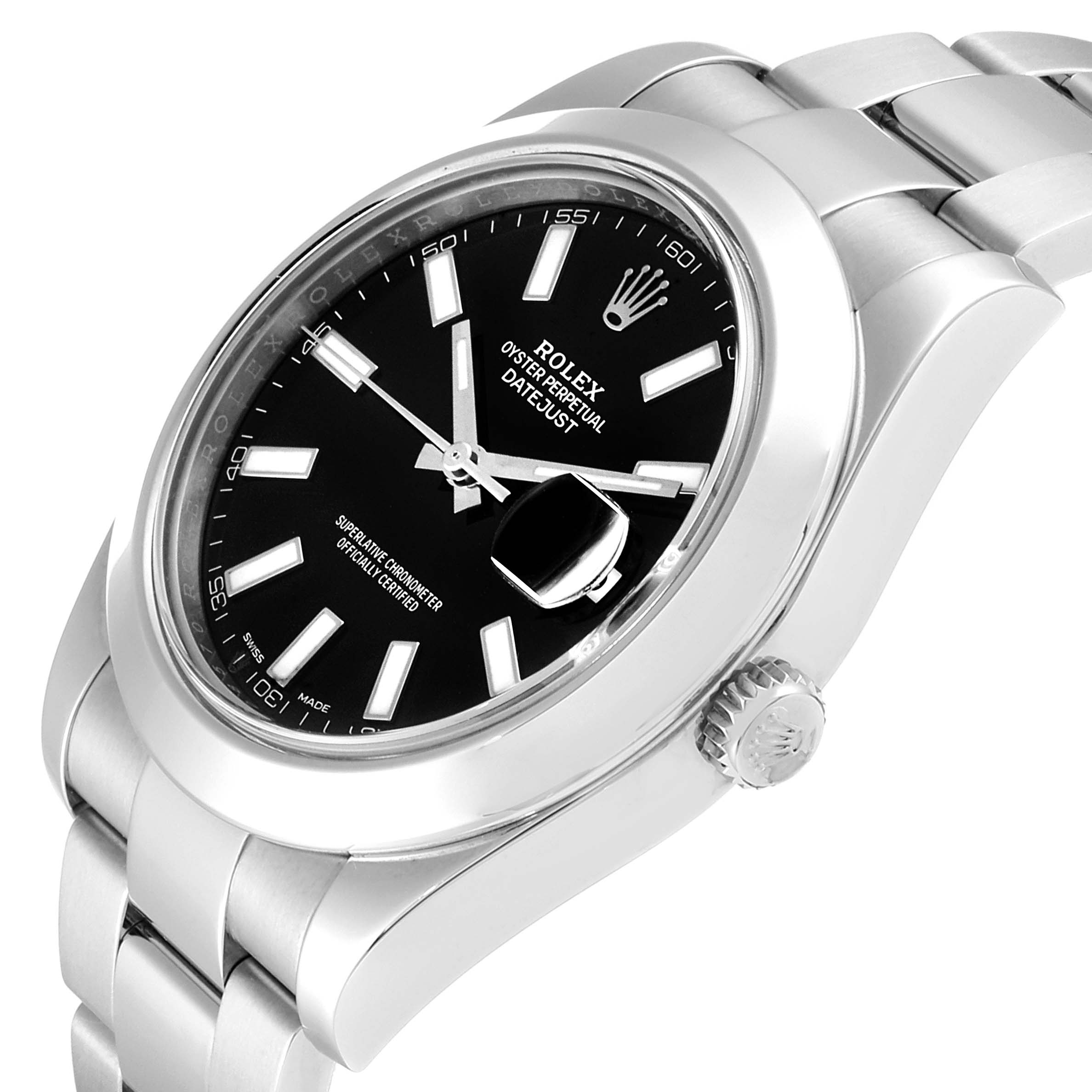 The image shows a side angle of a Rolex Datejust 41 116300 Men's Stainless Steel Black Dial 116300 Men's Stainless Steel Black Dial watch, highlighting the black dial, crown, and part of the bracelet.