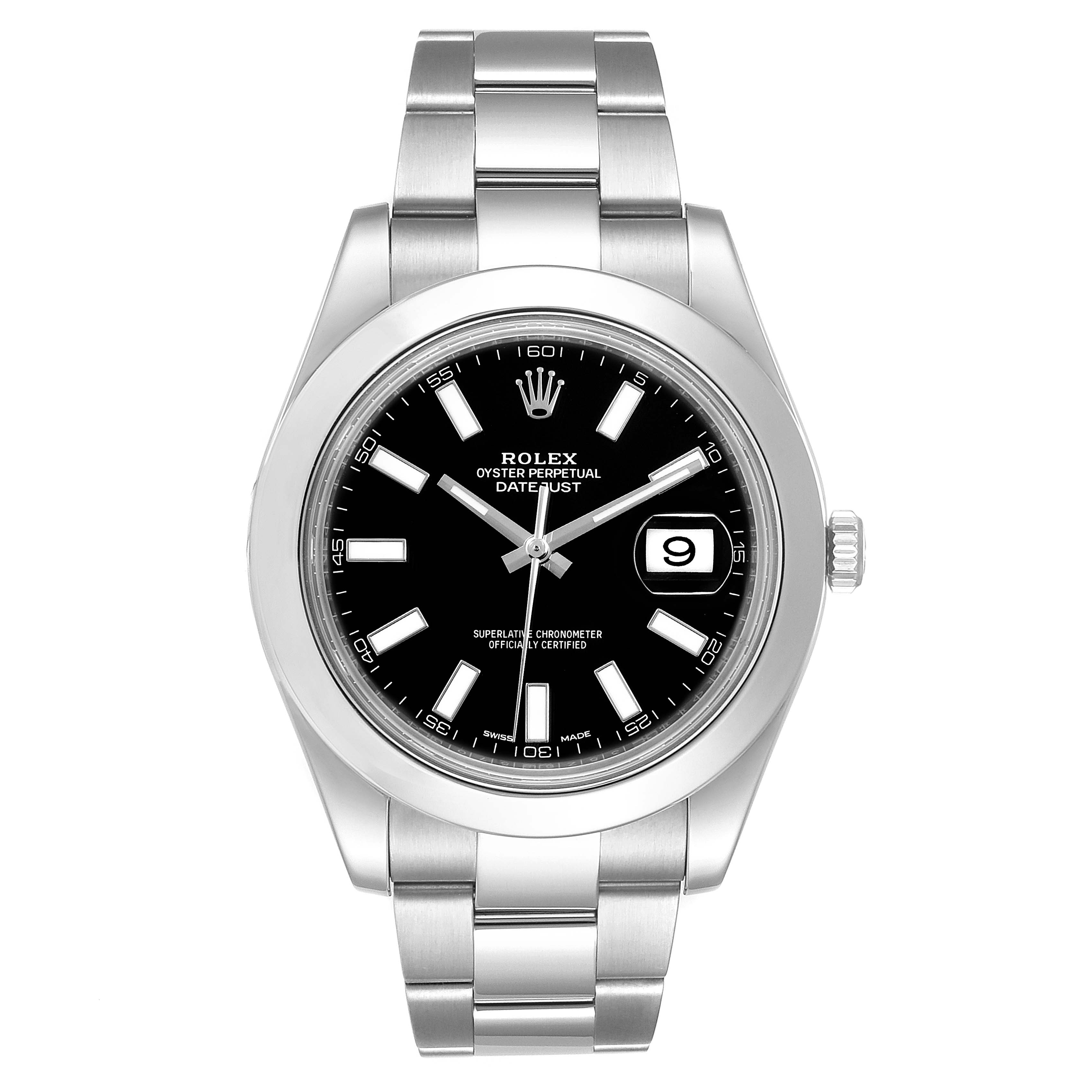 The image shows a front view of the Rolex Datejust 41 116300 Men's Stainless Steel Black Dial 116300 Men's Stainless Steel Black Dial watch, highlighting its black dial, silver hands, and metal bracelet.