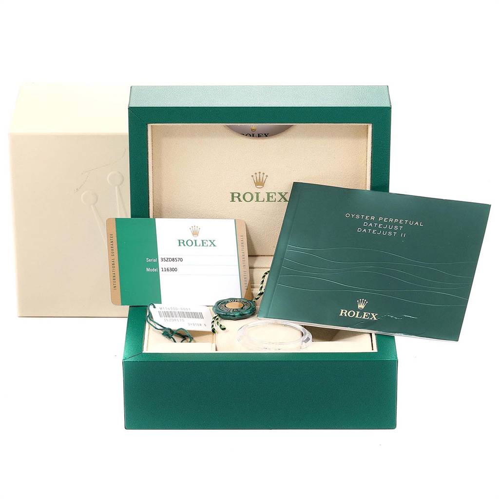 The image shows the packaging, manual, warranty card, and accessories for the Rolex Datejust 41 116300 Men's Stainless Steel Black Dial 116300 Men's Stainless Steel Black Dial model.