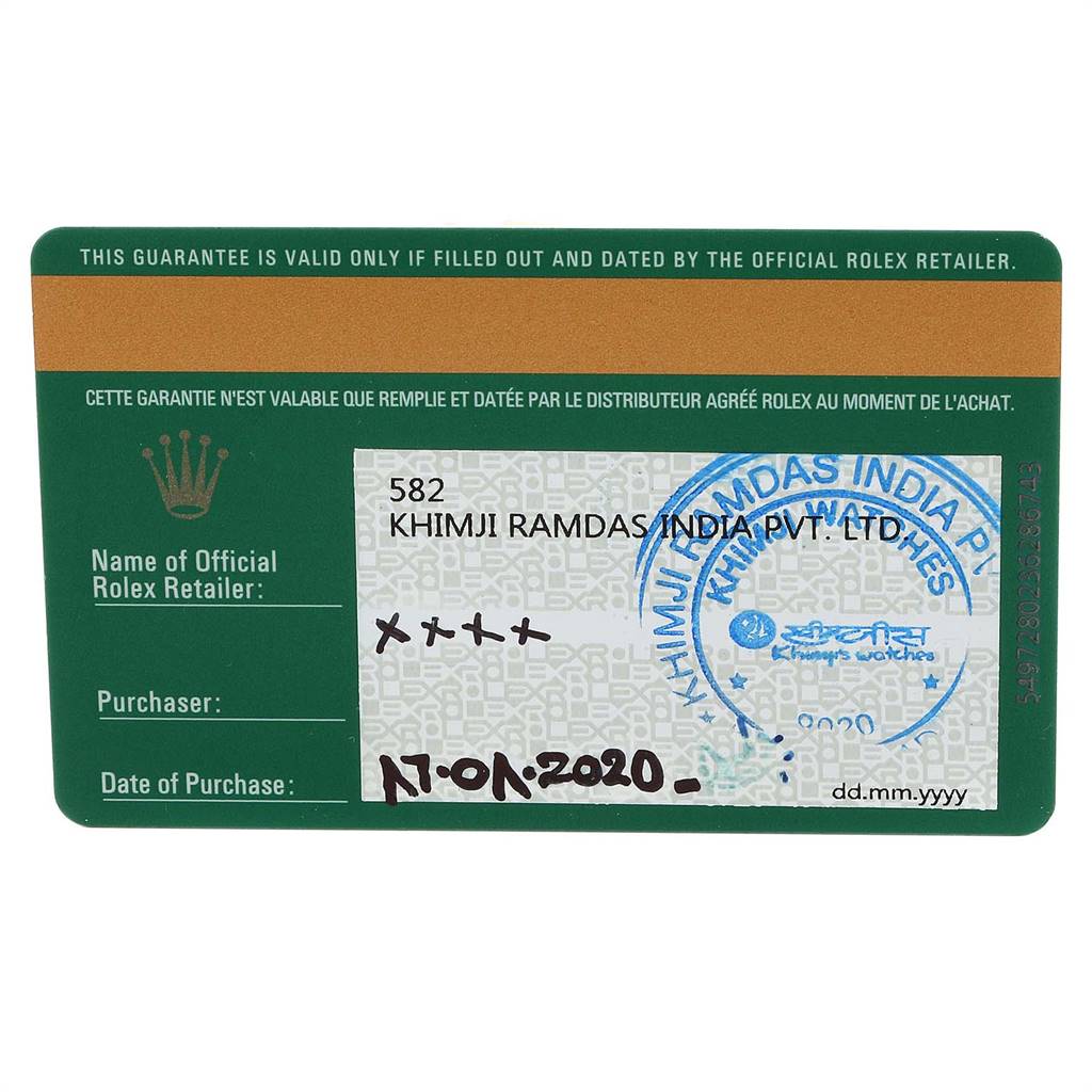 The image shows the guarantee card for the Rolex Datejust 41 126300 Men's Stainless Steel Black Dial 126300 Men's Stainless Steel Black Dial model, including purchase details and retailer information.