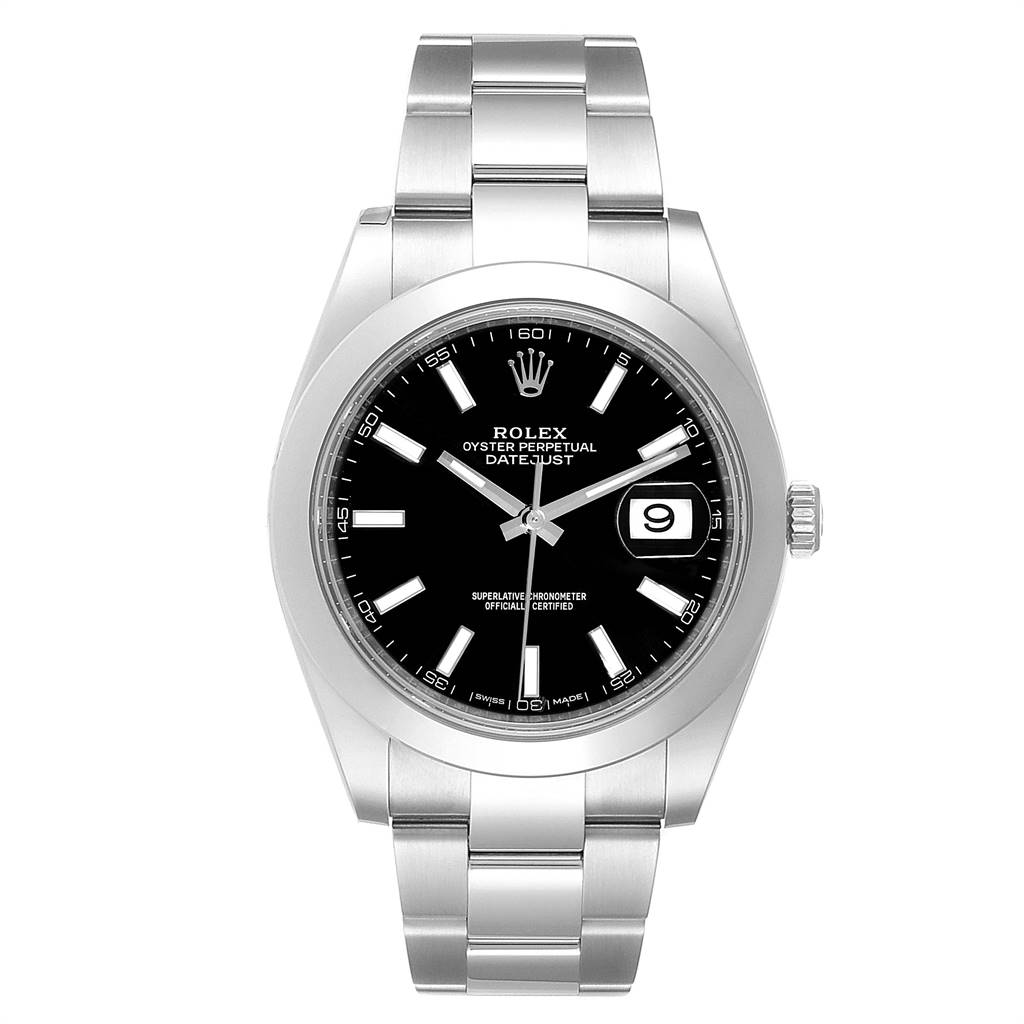 The Rolex Datejust 41 126300 Men's Stainless Steel Black Dial 126300 Men's Stainless Steel Black Dial watch is shown from a frontal view, displaying its dial, bezel, case, and bracelet.