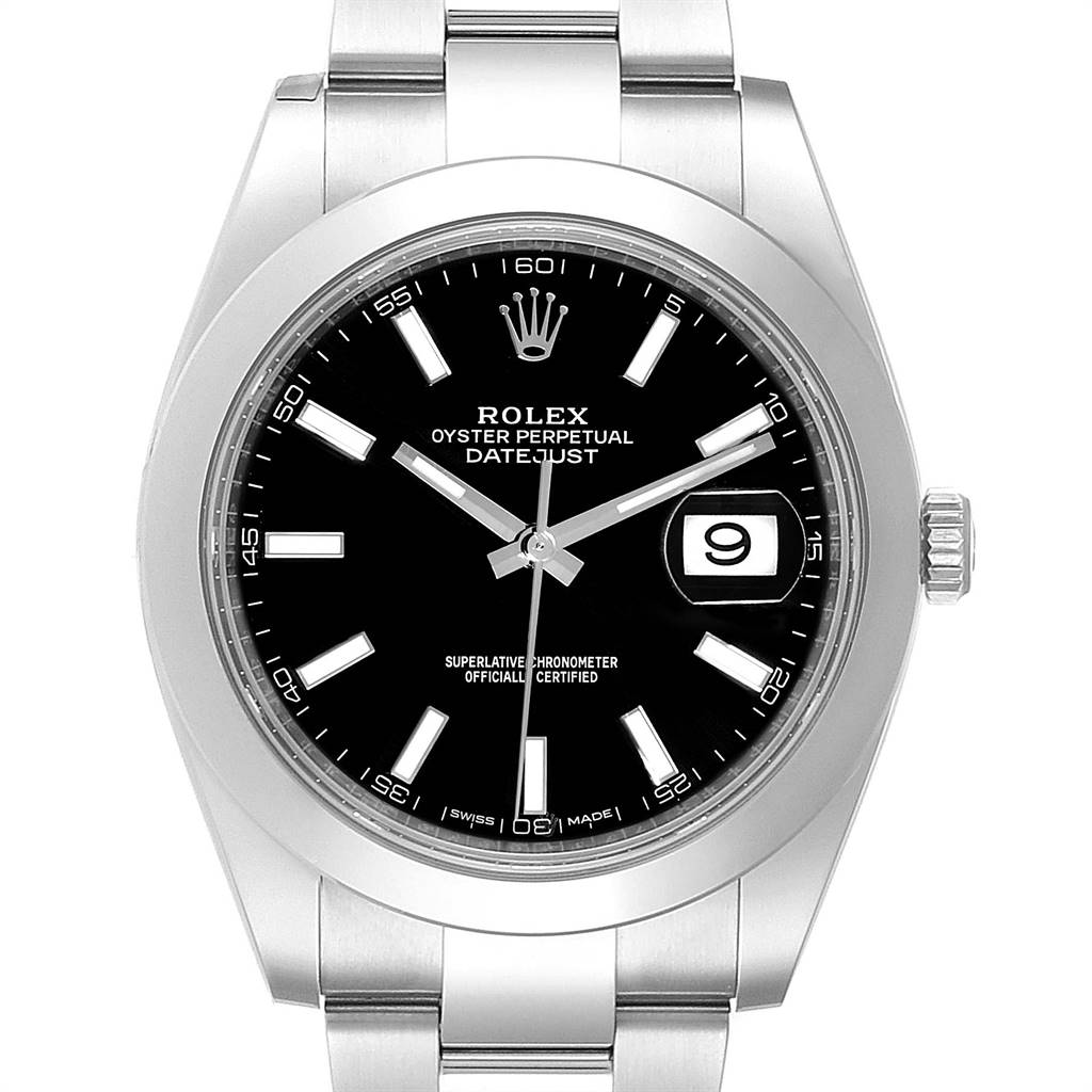 The image shows a frontal view of the Rolex Datejust 41 126300 Men's Stainless Steel Black Dial 126300 Men's Stainless Steel Black Dial watch, highlighting its black dial, luminous hour markers, date window, and stainless steel bracelet.