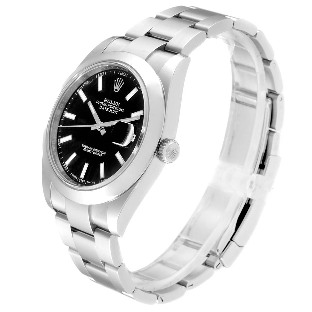 The image shows a Rolex Datejust 41 126300 Men's Stainless Steel Black Dial 126300 Men's Stainless Steel Black Dial watch at a slight angle, highlighting the face, bezel, crown, and stainless steel bracelet.