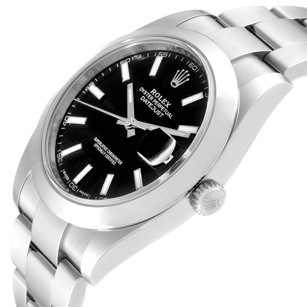 This image shows the Rolex Datejust 41 126300 Men's Stainless Steel Black Dial 126300 Men's Stainless Steel Black Dial watch from a side angle, highlighting the case, dial, crown, and bracelet.