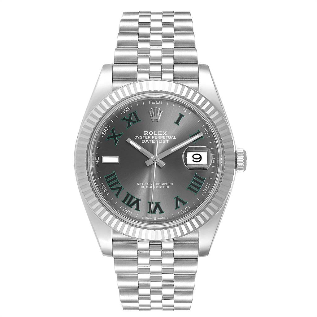 This image shows a front view of the Rolex Datejust 41 126334 Men's Stainless Steel Grey Dial 126334 Men's Stainless Steel Grey Dial watch with a silver bracelet and dark grey dial.
