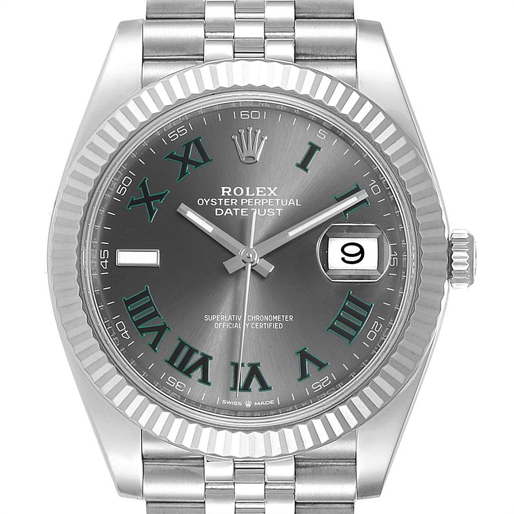 Close-up front view of the Rolex Datejust 41 126334 Men's Stainless Steel Grey Dial 126334 Men's Stainless Steel Grey Dial, showcasing the dial, date window, bezel, crown, and part of the bracelet.