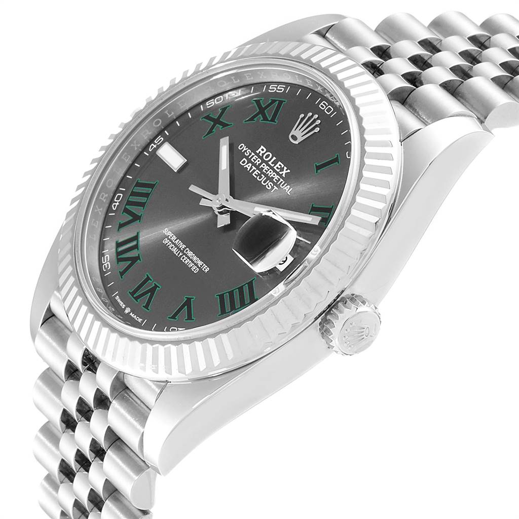 This image shows a Rolex Datejust 41 126334 Men's Stainless Steel Grey Dial 126334 Men's Stainless Steel Grey Dial watch at an angled side view focusing on the case, dial, and part of the bracelet.