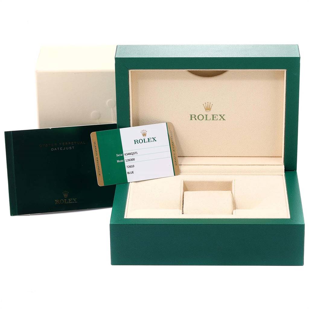 The image shows the open box, card, and booklet for the Rolex Datejust 41 126300 Men's Stainless Steel Blue Dial 126300 Men's Stainless Steel Blue Dial model.