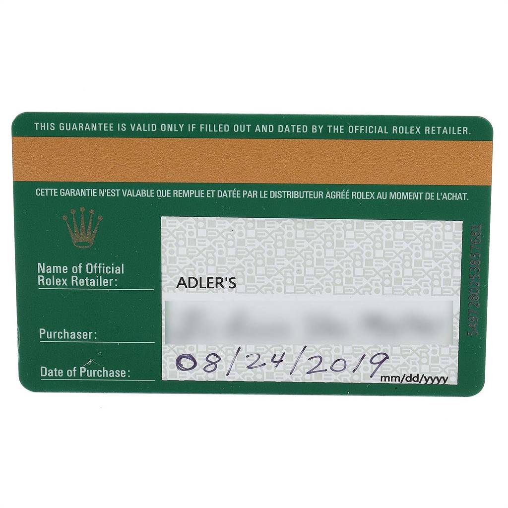 This shows the guarantee card for a Rolex Datejust 41 126300 Men's Stainless Steel Blue Dial 126300 Men's Stainless Steel Blue Dial model, detailing the retailer, purchaser, and purchase date.