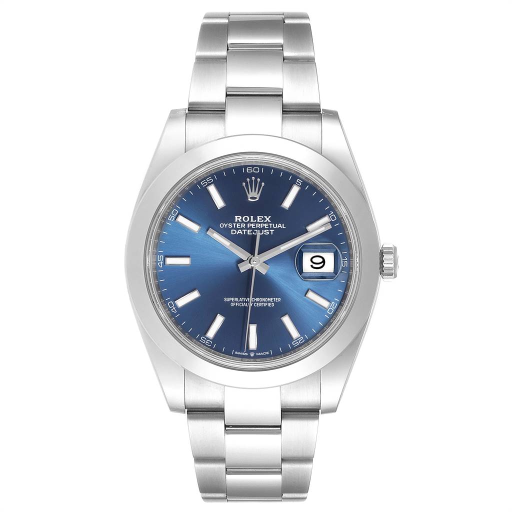 This image shows a front view of a Rolex Datejust 41 126300 Men's Stainless Steel Blue Dial 126300 Men's Stainless Steel Blue Dial watch, highlighting its blue dial, date display, and stainless steel bracelet.