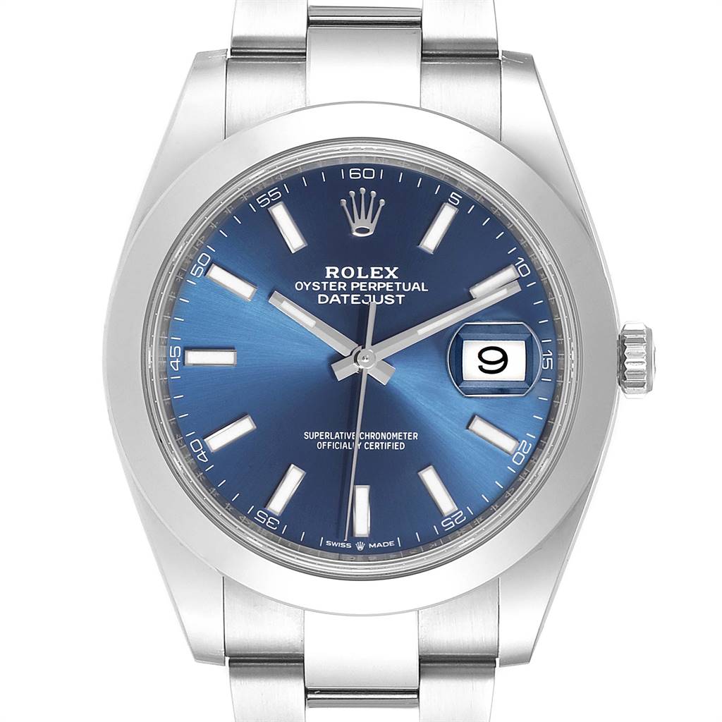 The image shows a Rolex Datejust 41 126300 Men's Stainless Steel Blue Dial 126300 Men's Stainless Steel Blue Dial watch from a front angle, displaying the blue dial, date window, crown, and part of the bracelet.