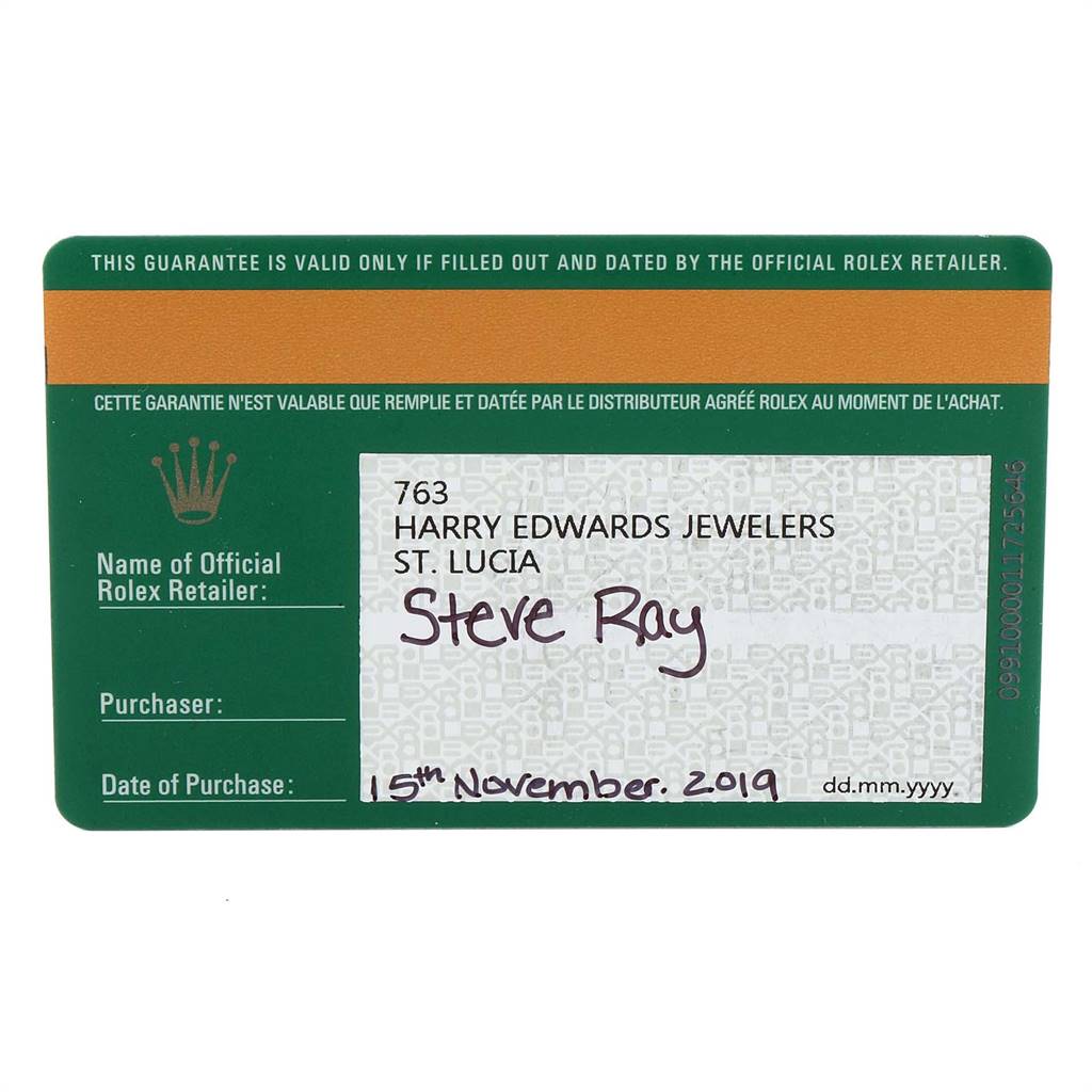 The image shows the guarantee card for a Rolex Datejust 41 126334 Men's Stainless Steel Blue Dial 126334 Men's Stainless Steel Blue Dial watch.