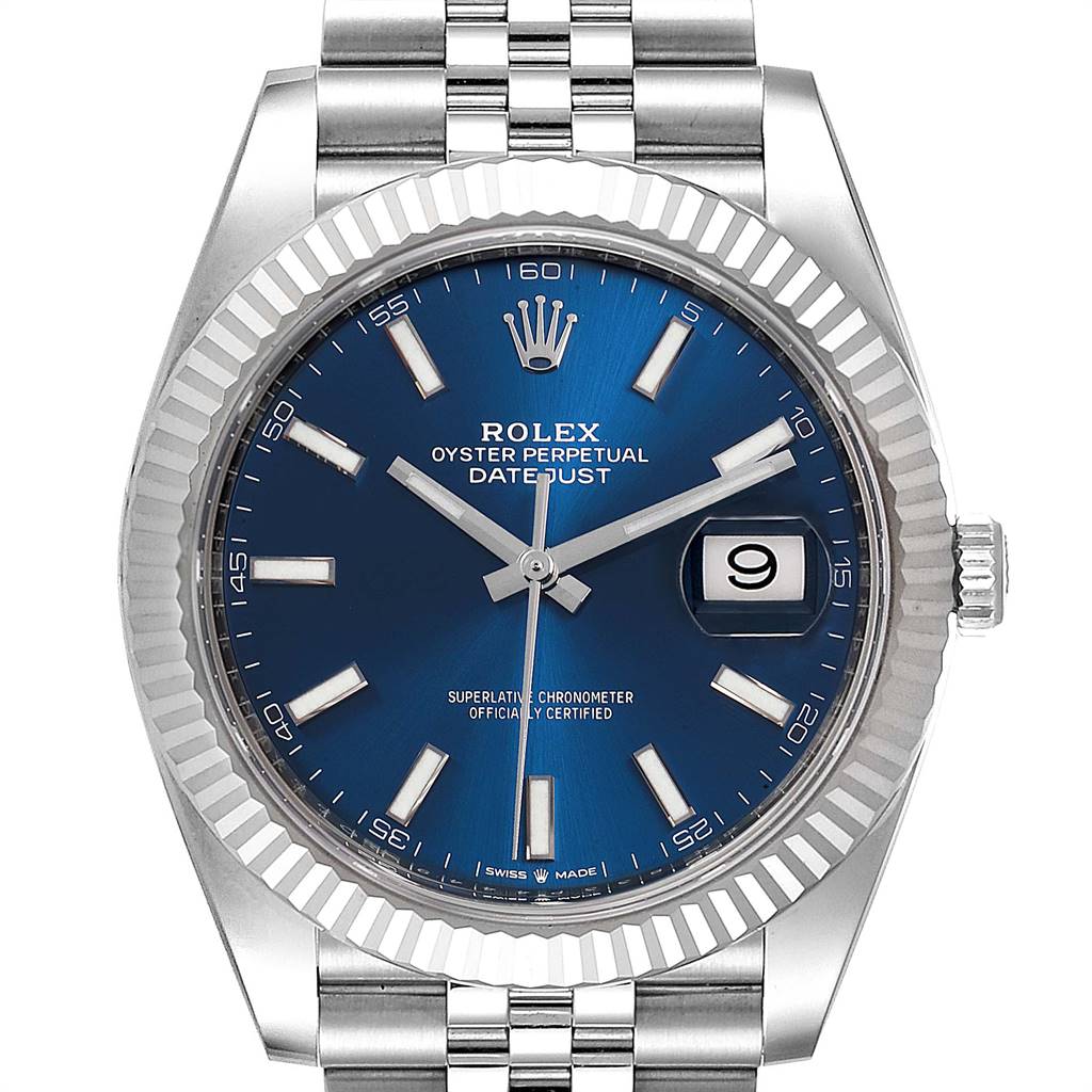 The image shows a front view of the Rolex Datejust 41 126334 Men's Stainless Steel Blue Dial 126334 Men's Stainless Steel Blue Dial watch, highlighting its blue dial, jubilee bracelet, and fluted bezel.