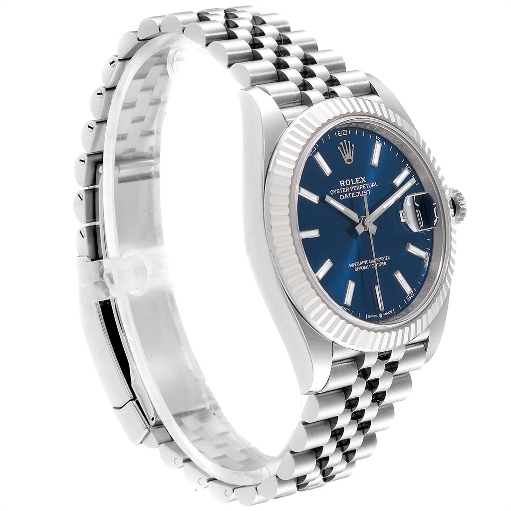 This side-angle view of the Rolex Datejust 41 126334 Men's Stainless Steel Blue Dial 126334 Men's Stainless Steel Blue Dial model showcases its blue dial, fluted bezel, and Jubilee bracelet.