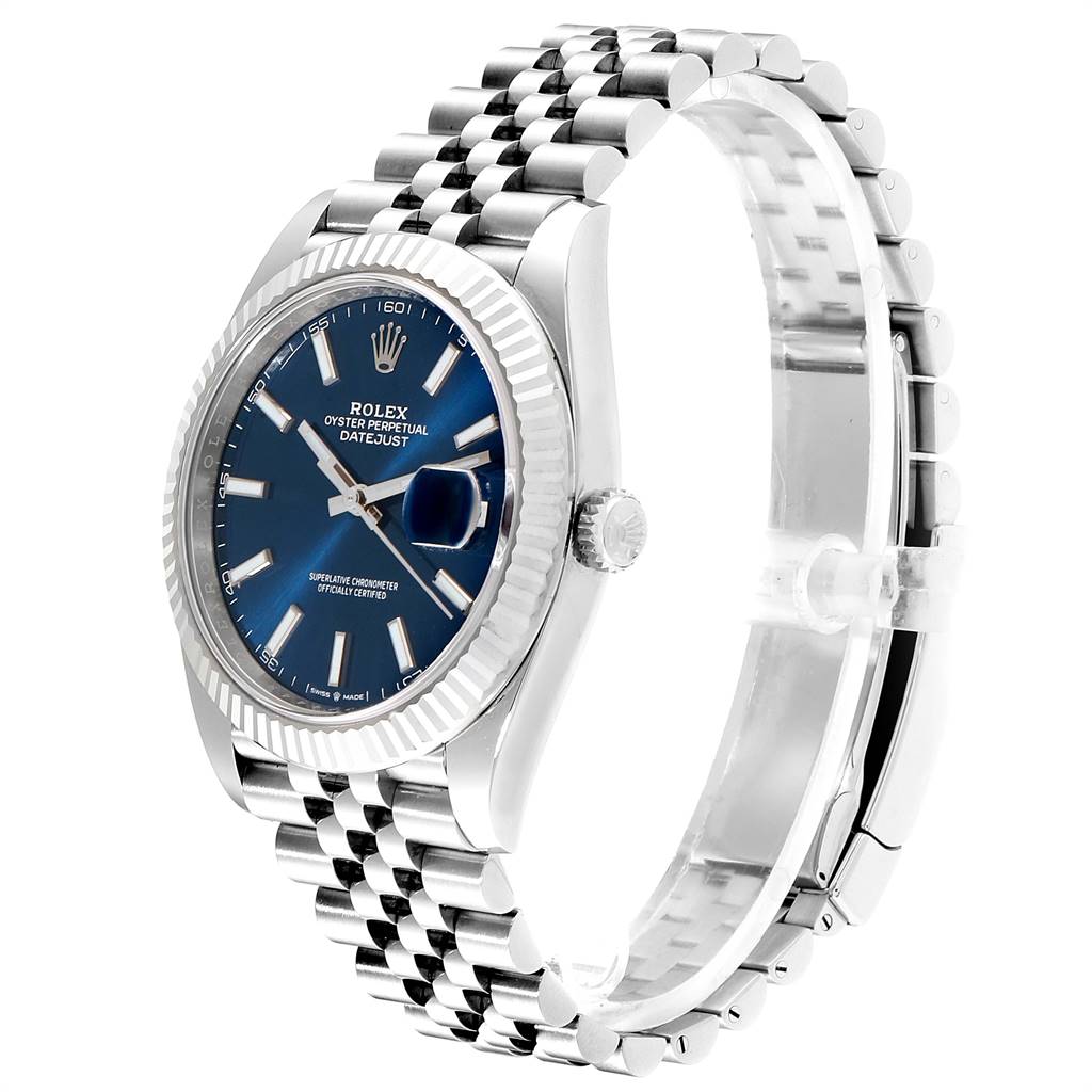 The image shows a Rolex Datejust 41 126334 Men's Stainless Steel Blue Dial 126334 Men's Stainless Steel Blue Dial watch at a 3/4 angle, highlighting the blue dial, fluted bezel, and Jubilee bracelet.