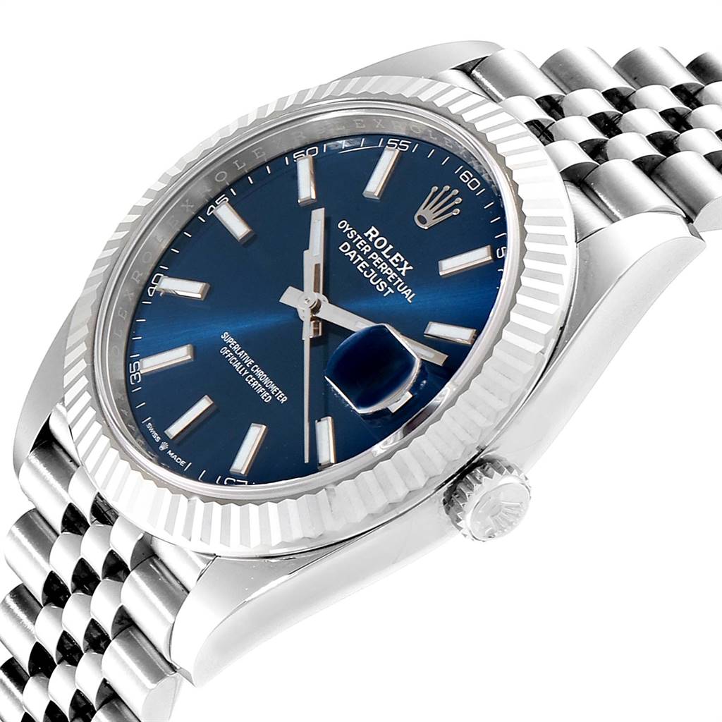 This image shows a close-up of the Rolex Datejust 41 126334 Men's Stainless Steel Blue Dial 126334 Men's Stainless Steel Blue Dial watch, highlighting its blue dial, fluted bezel, and Jubilee bracelet.