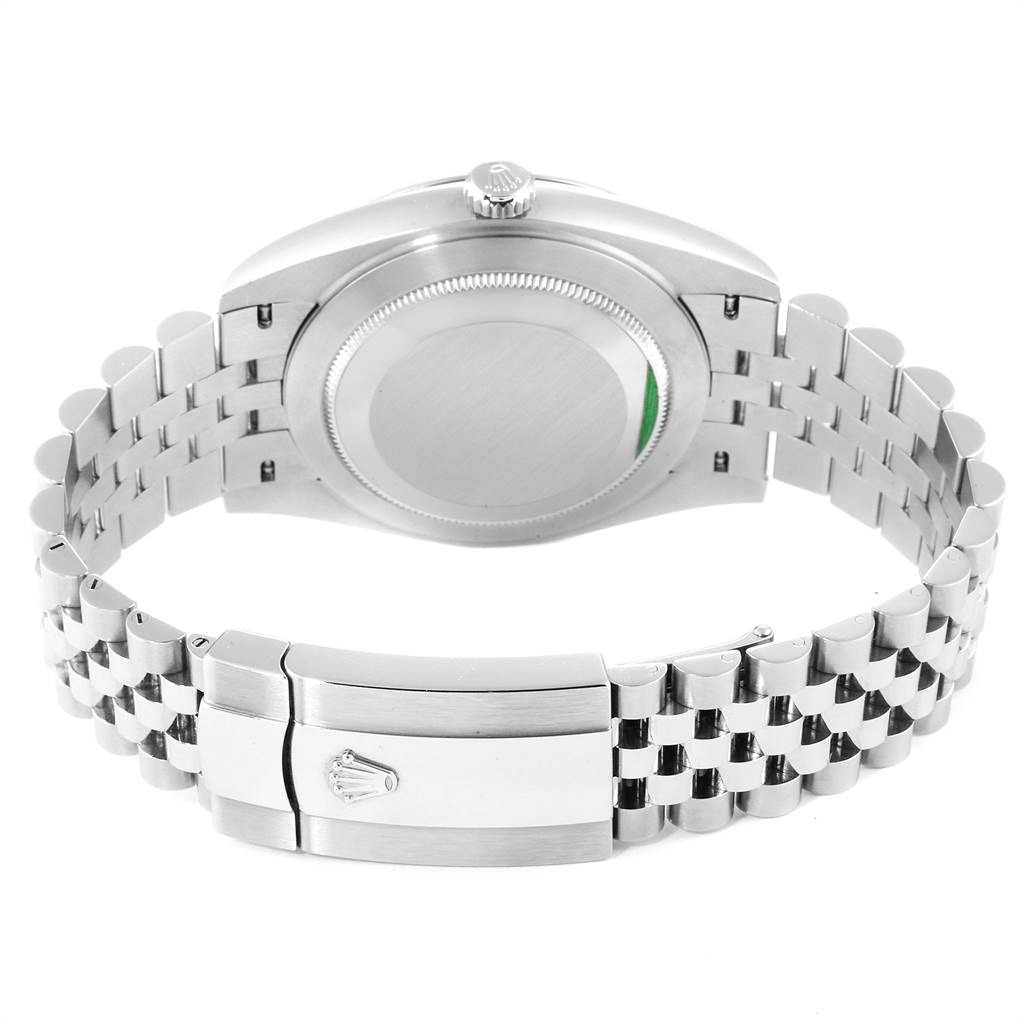 The image shows the back of a Rolex Datejust 41 126334 Men's Stainless Steel Blue Dial 126334 Men's Stainless Steel Blue Dial watch, highlighting the case back, crown, and Jubilee bracelet with the clasp.