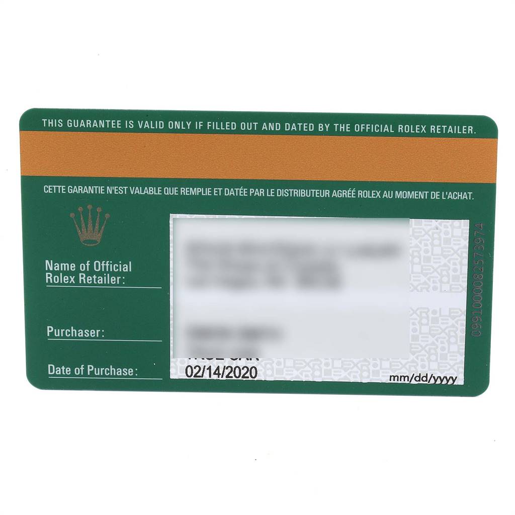 This image shows the guarantee card for the Rolex Datejust 41 126300 Men's Stainless Steel Blue Dial 126300 Men's Stainless Steel Blue Dial watch.