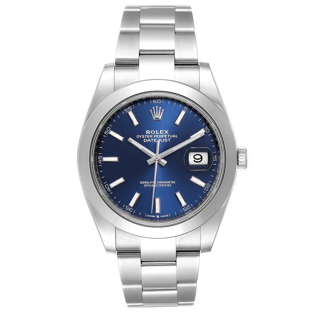 The image shows a front view of the Rolex Datejust 41 126300 Men's Stainless Steel Blue Dial 126300 Men's Stainless Steel Blue Dial model, highlighting the blue dial, bracelet, and date window.
