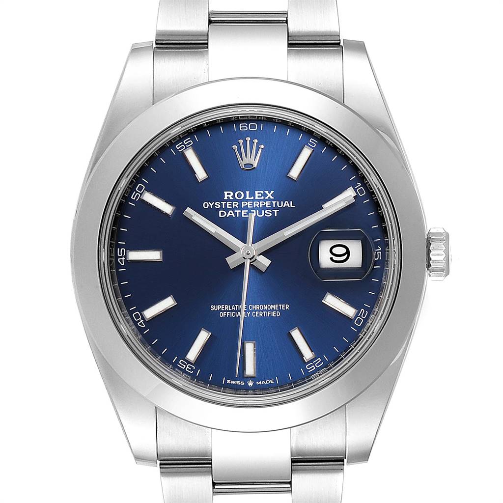 The image shows a front view of the Rolex Datejust 41 126300 Men's Stainless Steel Blue Dial 126300 Men's Stainless Steel Blue Dial, featuring a blue dial, silver hour markers, and a date display.