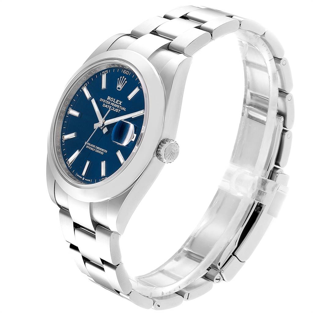The Rolex Datejust 41 126300 Men's Stainless Steel Blue Dial 126300 Men's Stainless Steel Blue Dial watch is shown at a three-quarter angle, highlighting its blue dial, stainless steel bracelet, and side crown.