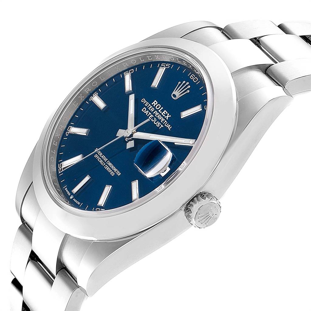 This image of the Rolex Datejust 41 126300 Men's Stainless Steel Blue Dial 126300 Men's Stainless Steel Blue Dial watch shows a side angle featuring the blue dial, crown, case, and bracelet.