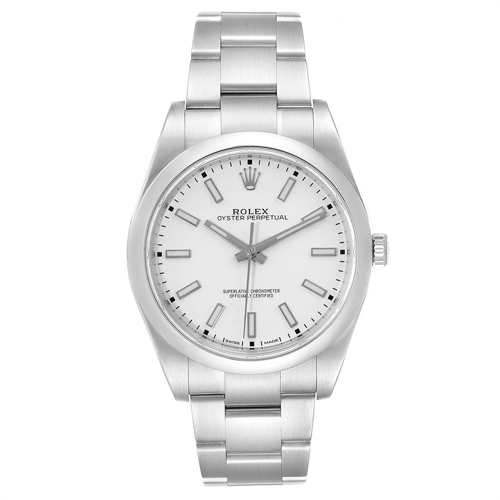 The image shows a front view of a Rolex Datejust 41 114300 Men's Stainless Steel White Dial 114300 Men's Stainless Steel White Dial watch displaying its white dial and metal bracelet.