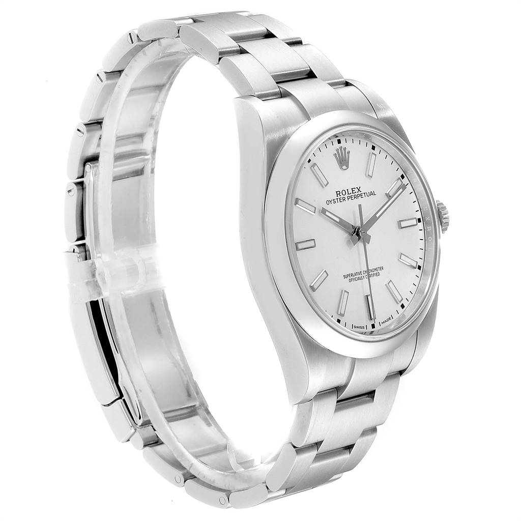 This image shows a side and front view of a Rolex Datejust 41 114300 Men's Stainless Steel White Dial 114300 Men's Stainless Steel White Dial watch, highlighting its silver bracelet and face.